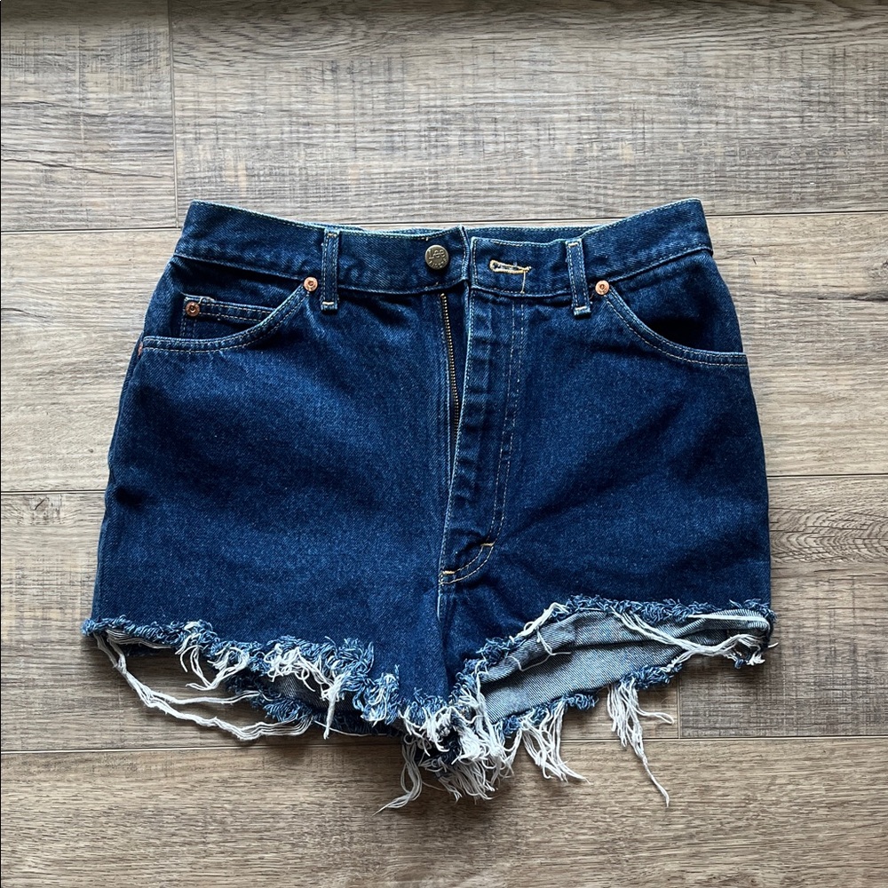 Lee Dark Blue Frayed High Waisted Denim Shorts